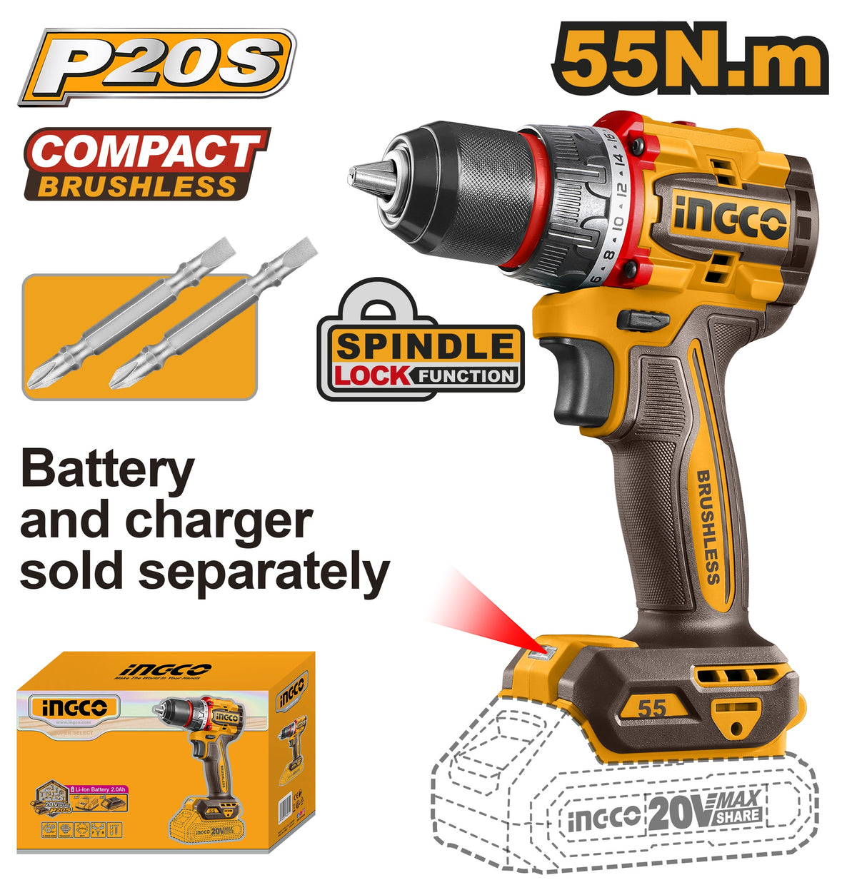 INGCO 20V LI-ION Brushless Drill 55Nm, (Bare Unit) CDLI205581