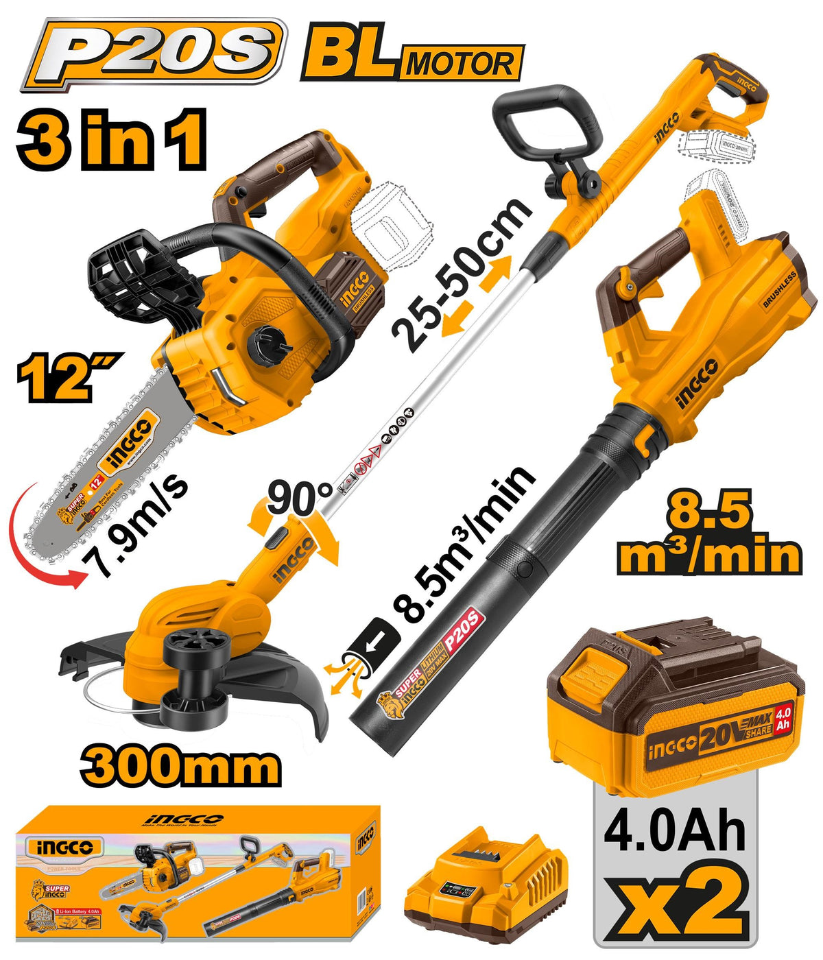 INGCO 3pc Chain Saw Trimmer Blower Combo 2X2.0 Combo COSLI241189