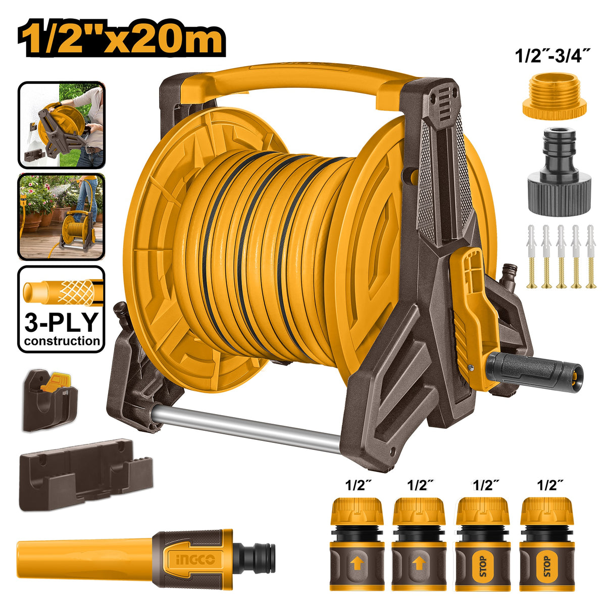 INGCO Hose Reel with 20m Hose & Nozzle set HHR20124