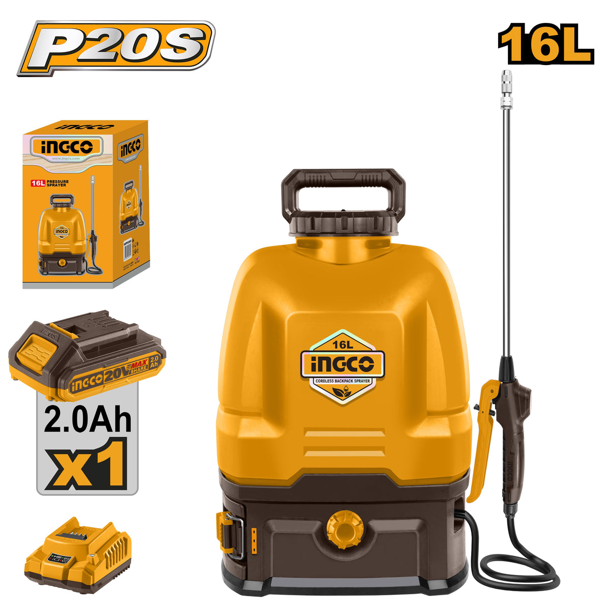 INGCO 20V Cordless Backpack Sprayer 16L 1X2.0Ah+CHARGER CSPLI20162
