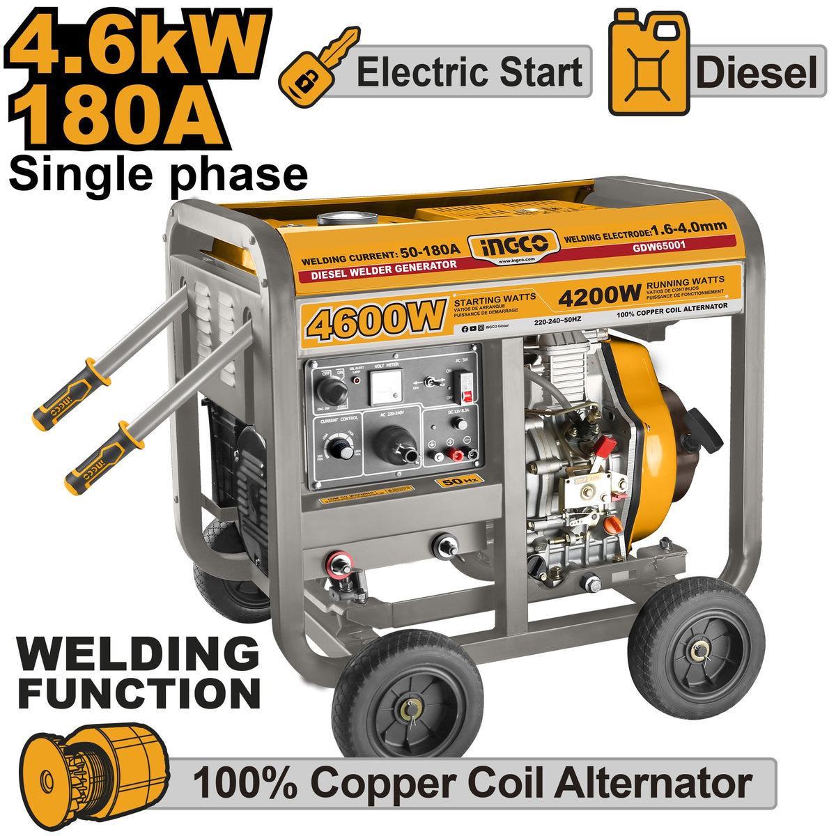 INGCO Diesel Welder & Generator Electric Start Max 180A, 4.6kW GDW65001