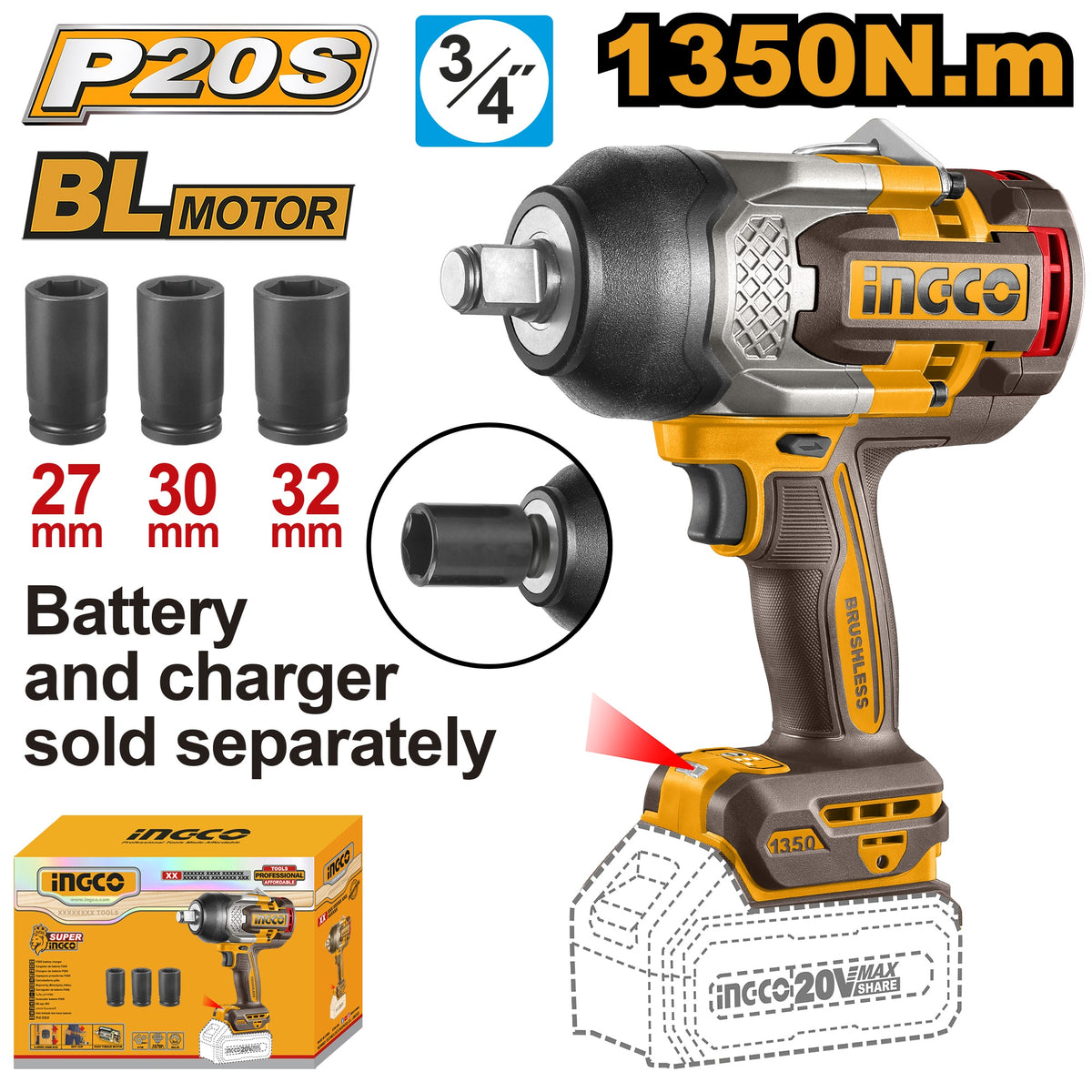 INGCO 20V BL 3/4" DR. Impact Wrench Max 1350Nm (Bare Unit) CIWLI201351