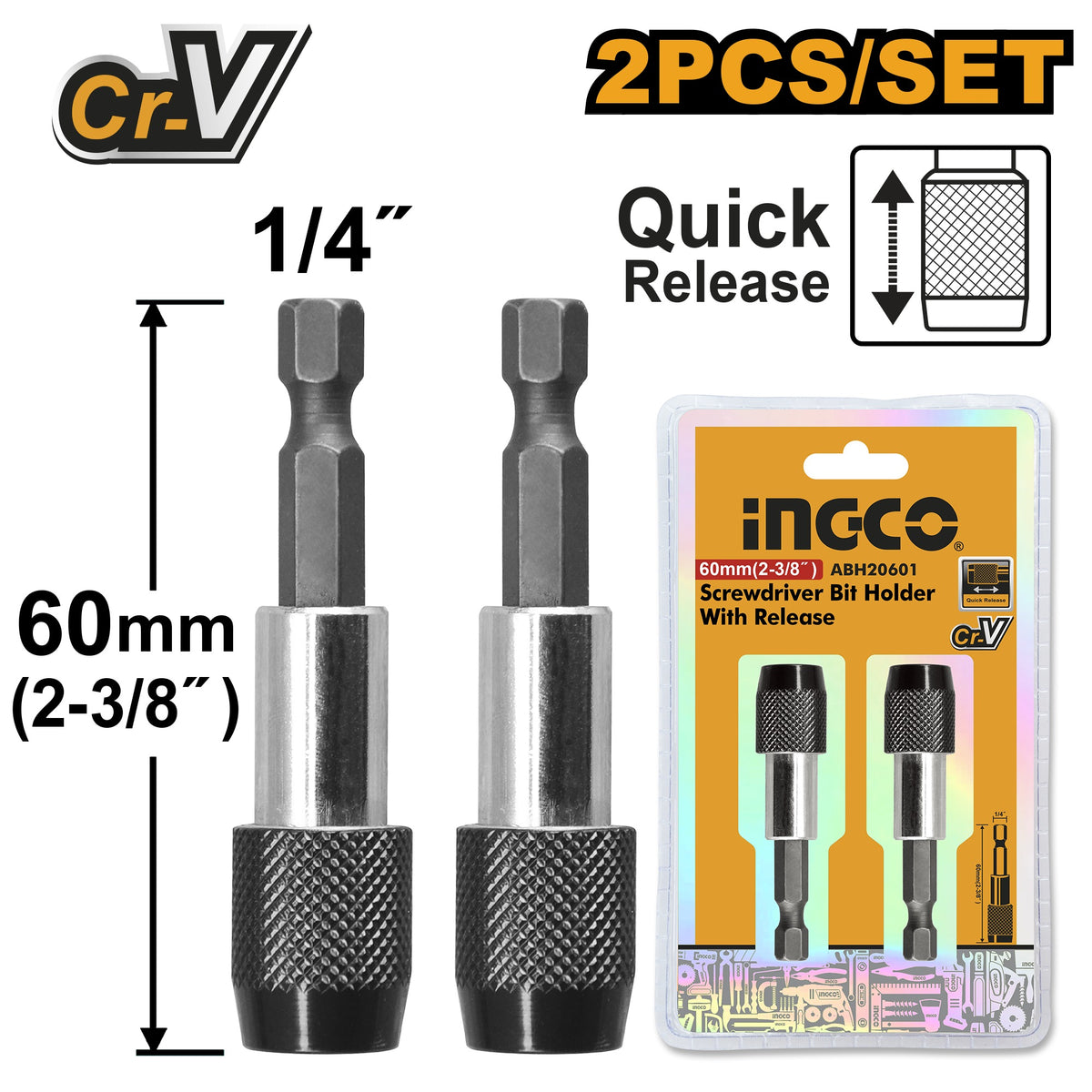 INGCO 2pcs 1/4" Shank Quick Release Magnetic Bit Holder 60MML ABH20601
