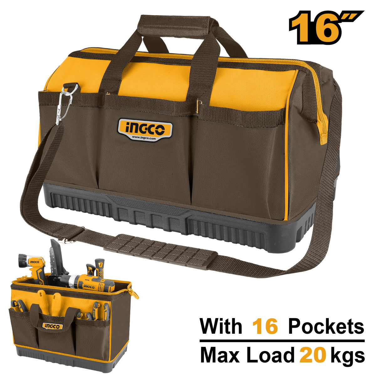 INGCO 16" H/duty Ind.tool BAG,16 Pockets, Shoulder Strap 41*25*26cm HTBG08