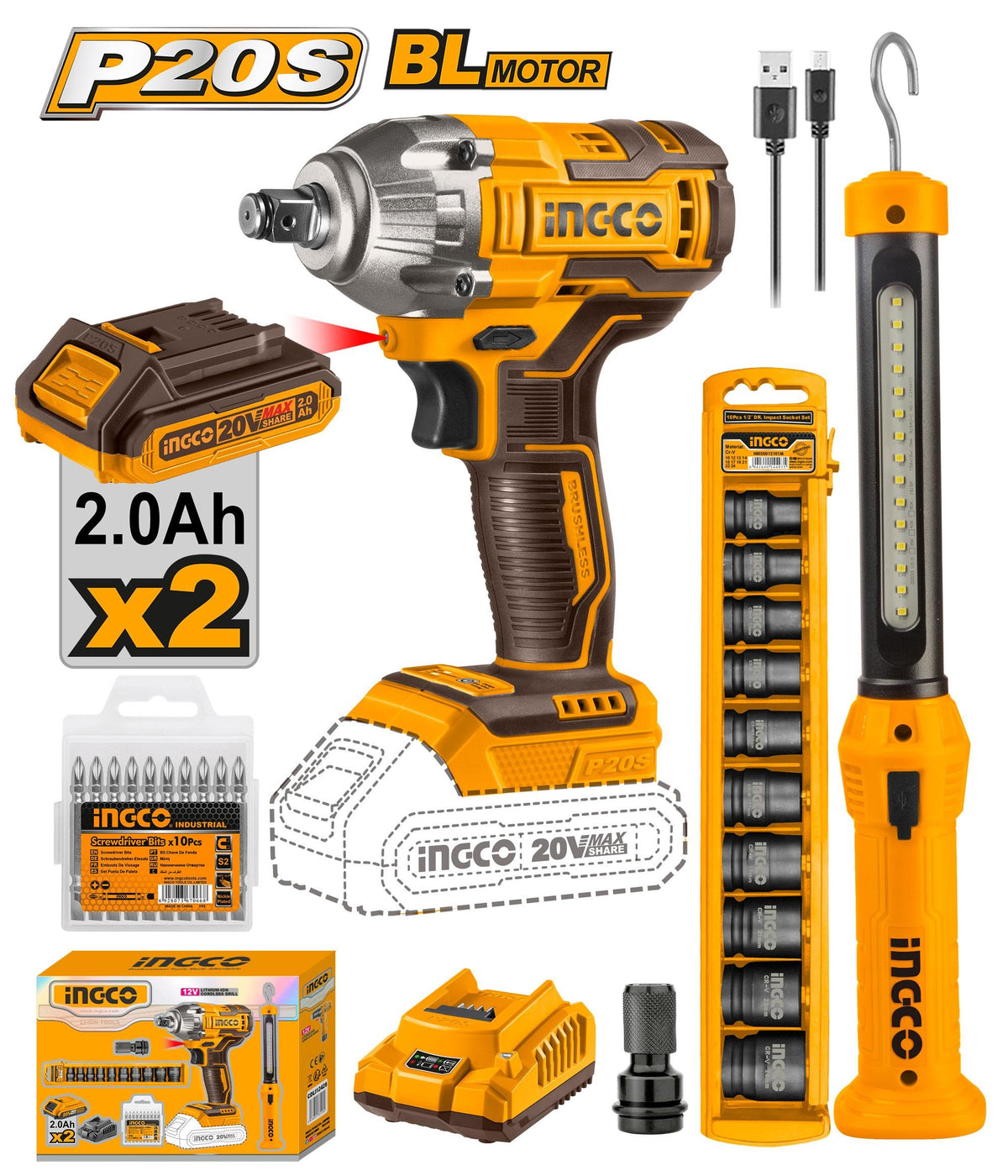 INGCO 20V Impact Wrench 300Nm + Worklight Combo set COSLI23011