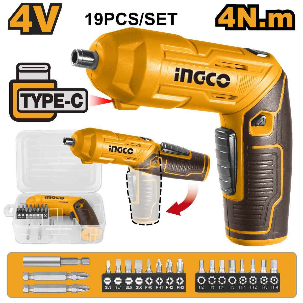 INGCO 4V LI-ION Cordless Screwdriver with 18 Bits & Mag.holder (No USB Charger) CSDLI0442
