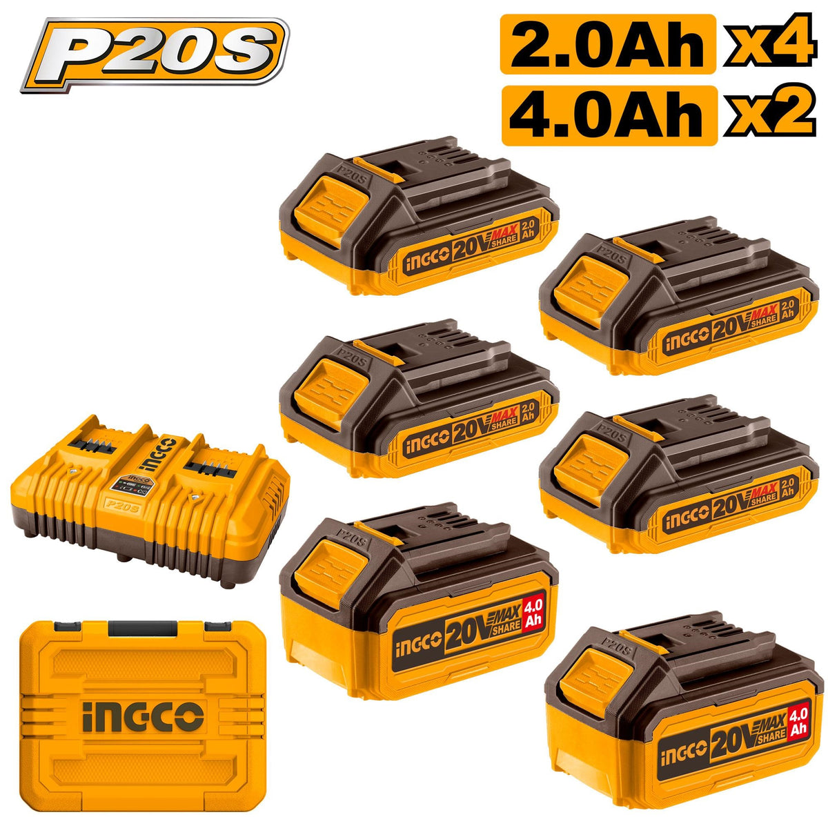 INGCO 20V 6pc Battery Kit 4X2.0, 2X4.0, 2 Port Charger + Case COSLI230701