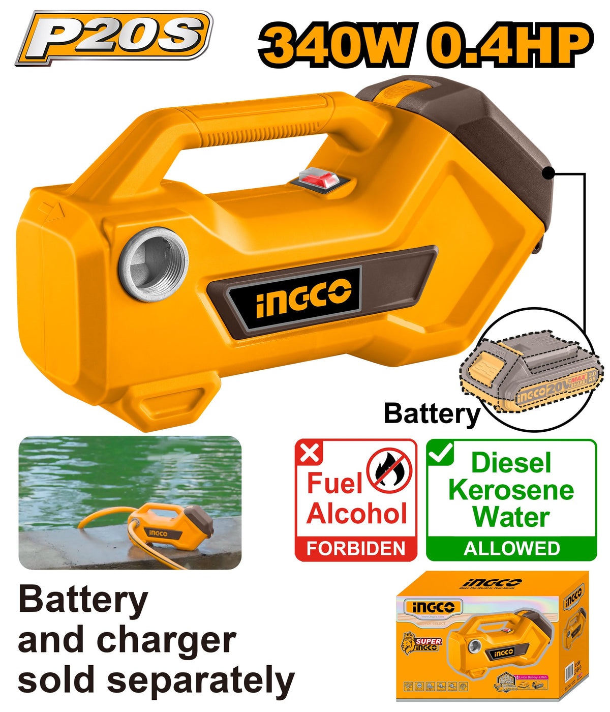 INGCO 20V LI-ION Transfer Pump 45L/MIN, 3/4" Connection (Bare Unit) TPLI2001