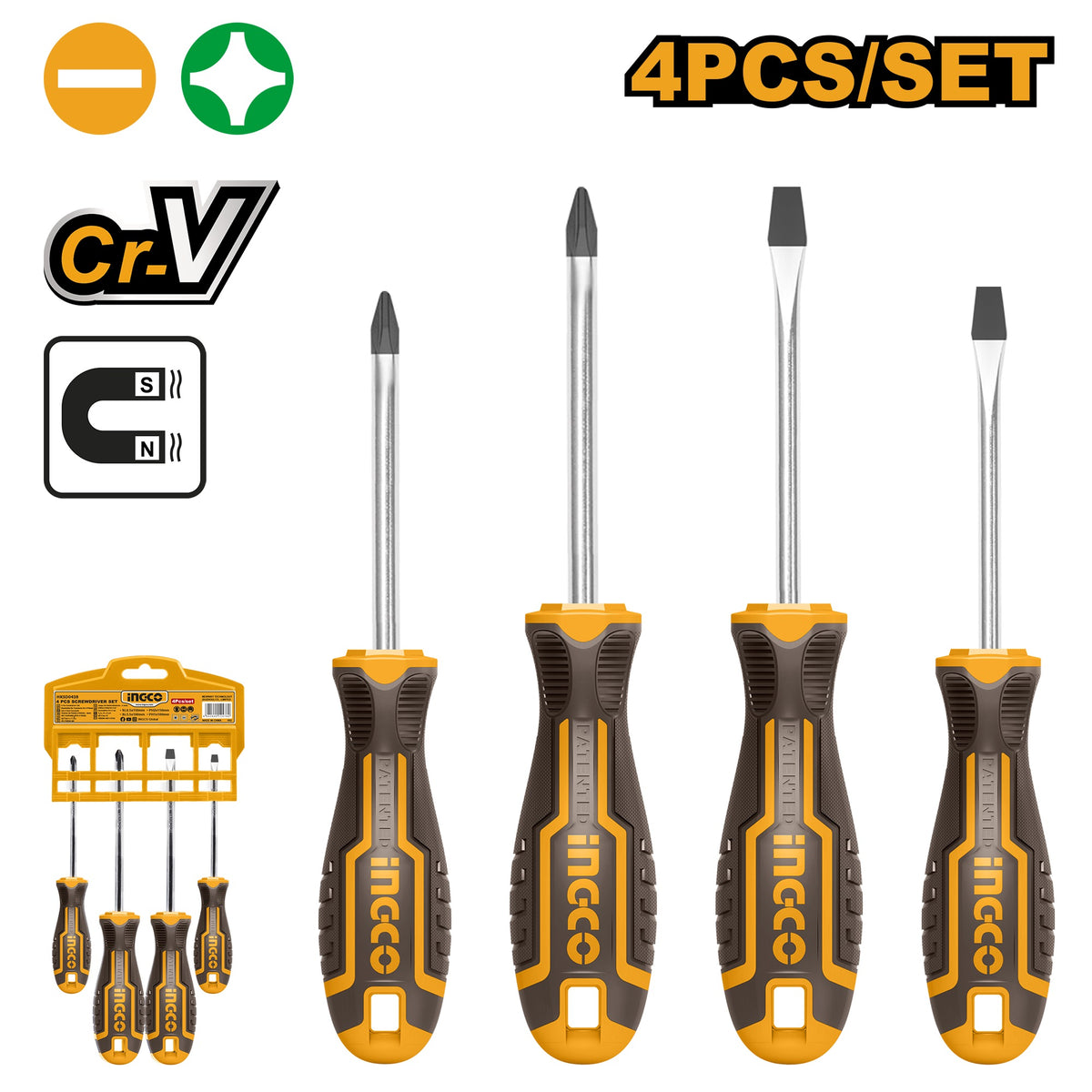 INGCO 4pcs Screwdriver set Magnetic Tip 2pcs (-) & 2pcs (+) HKSD0428