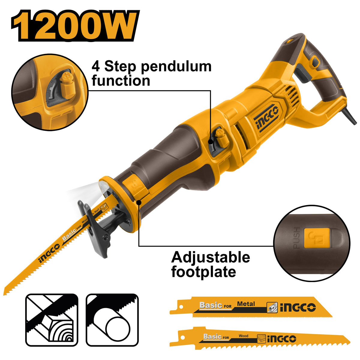 INGCO Powerful Vari. Speed Reciprocating Saw 1200W RS12001
