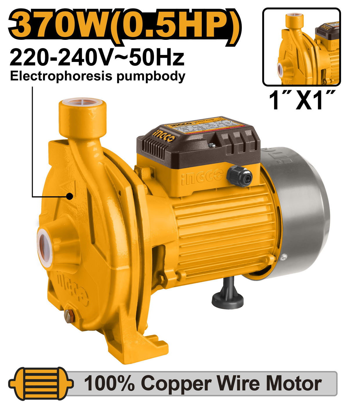 INGCO Centrifugal Pump 370W 1" x 1" Max Head 18m Max Flow 80L/MIN CPM3708