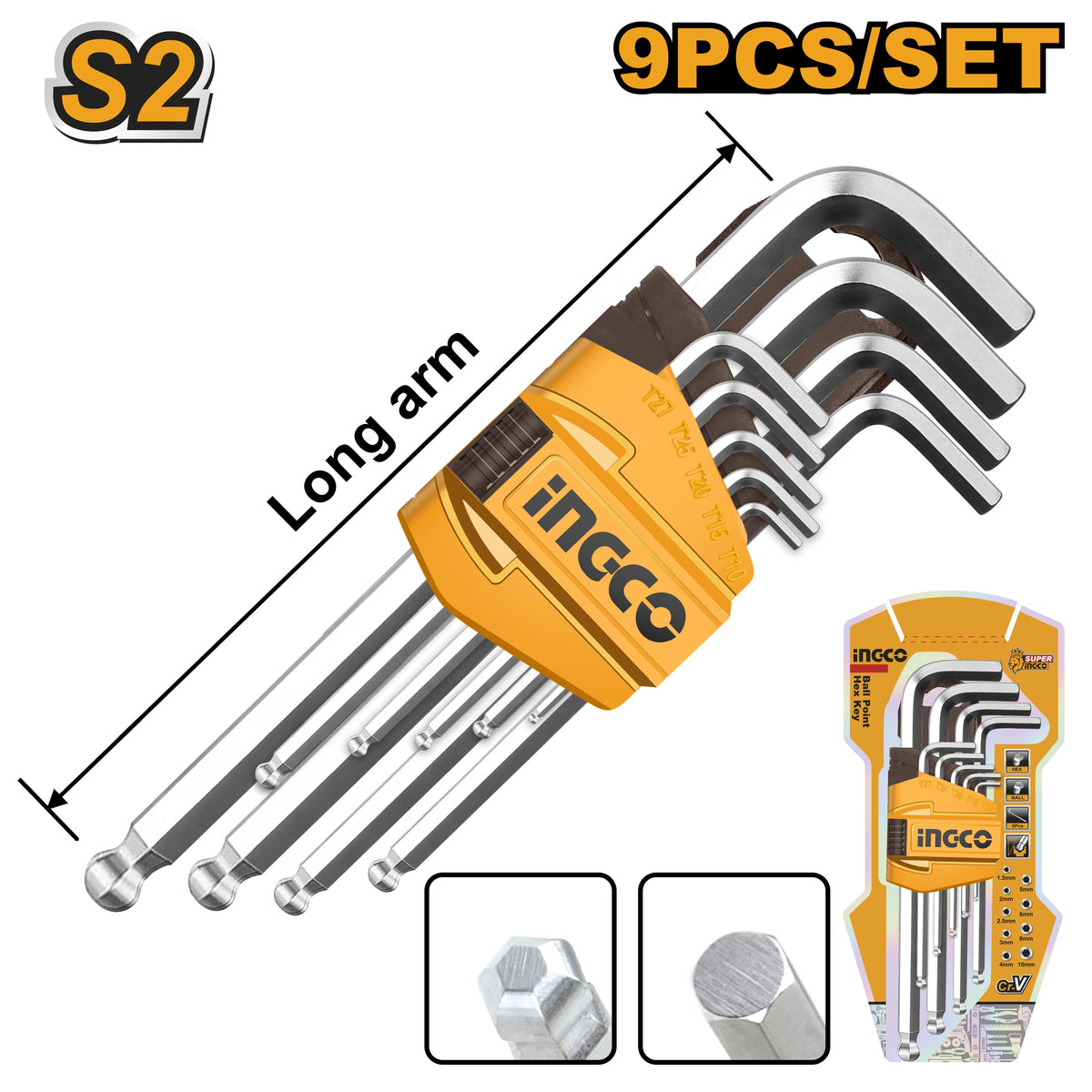 INGCO 9 pcs Long Arm Ball End Hexa Key set 1.5-10mm HHK12091