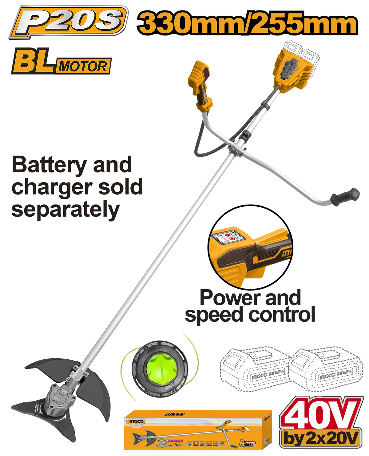 INGCO 20VX2 (40V) String Trimmer & Bush Cutter (Bare Unit) CSTLI20018