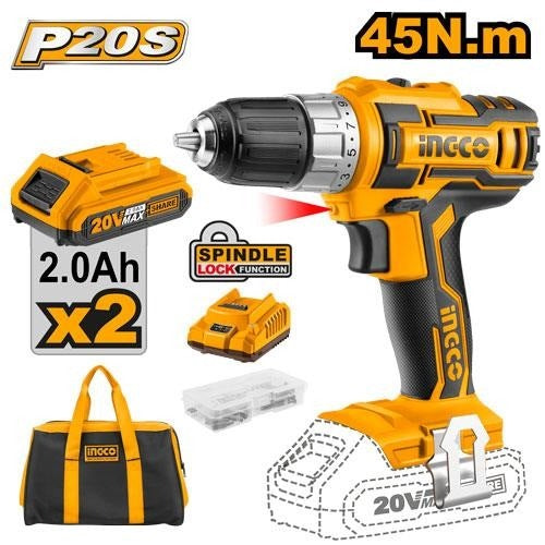 INGCO 20V LI-ION Drill 45Nm W/ 2X20V 2.0Ah, Charger+bag CDLI20023