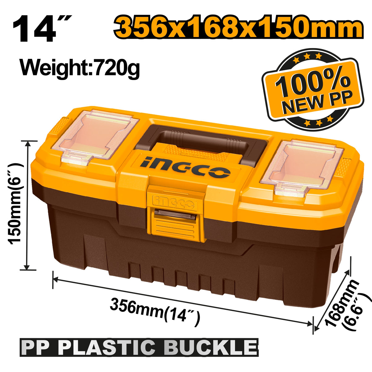INGCO 14" Plastic Tool Box with Organiser 356*168*160mm PBX1401