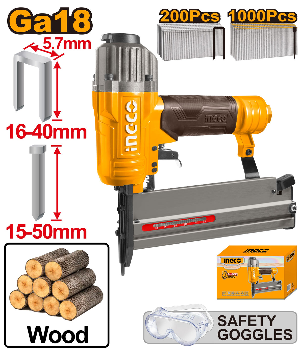 INGCO 2 in 1 Air Combo Brad & Crown Nailer ACN50401