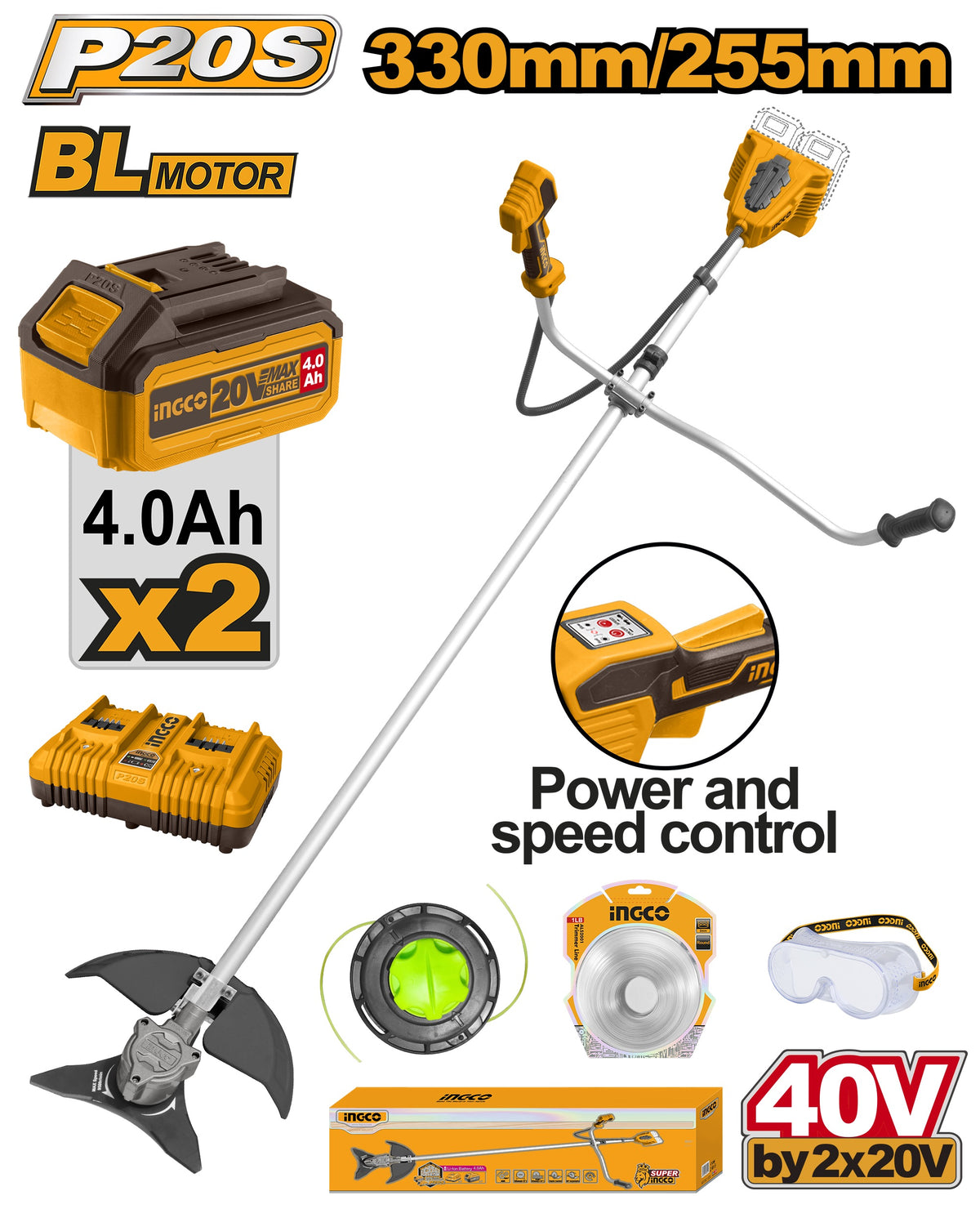 INGCO 40V(2X20V) String Trimmer & Bush Cutter 2X4.0Ah & Charger CSTLI202522