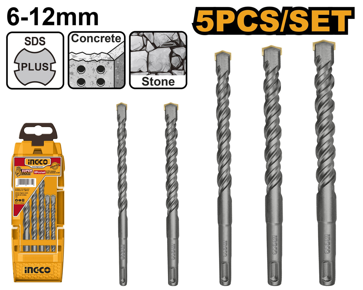INGCO 5pcs Sds+ Drill Bit set 6.0, 8.0, 8.0,10 & 12mm AKD2052