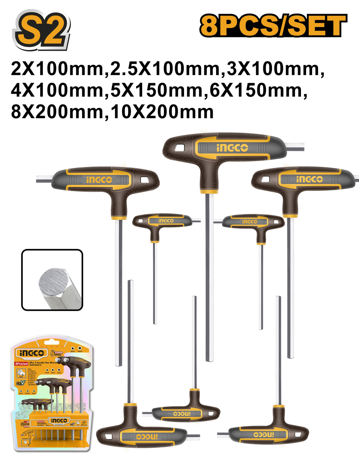 INGCO 8pcs T-Handle Hex Key SET(2-10mm) HHKT80818