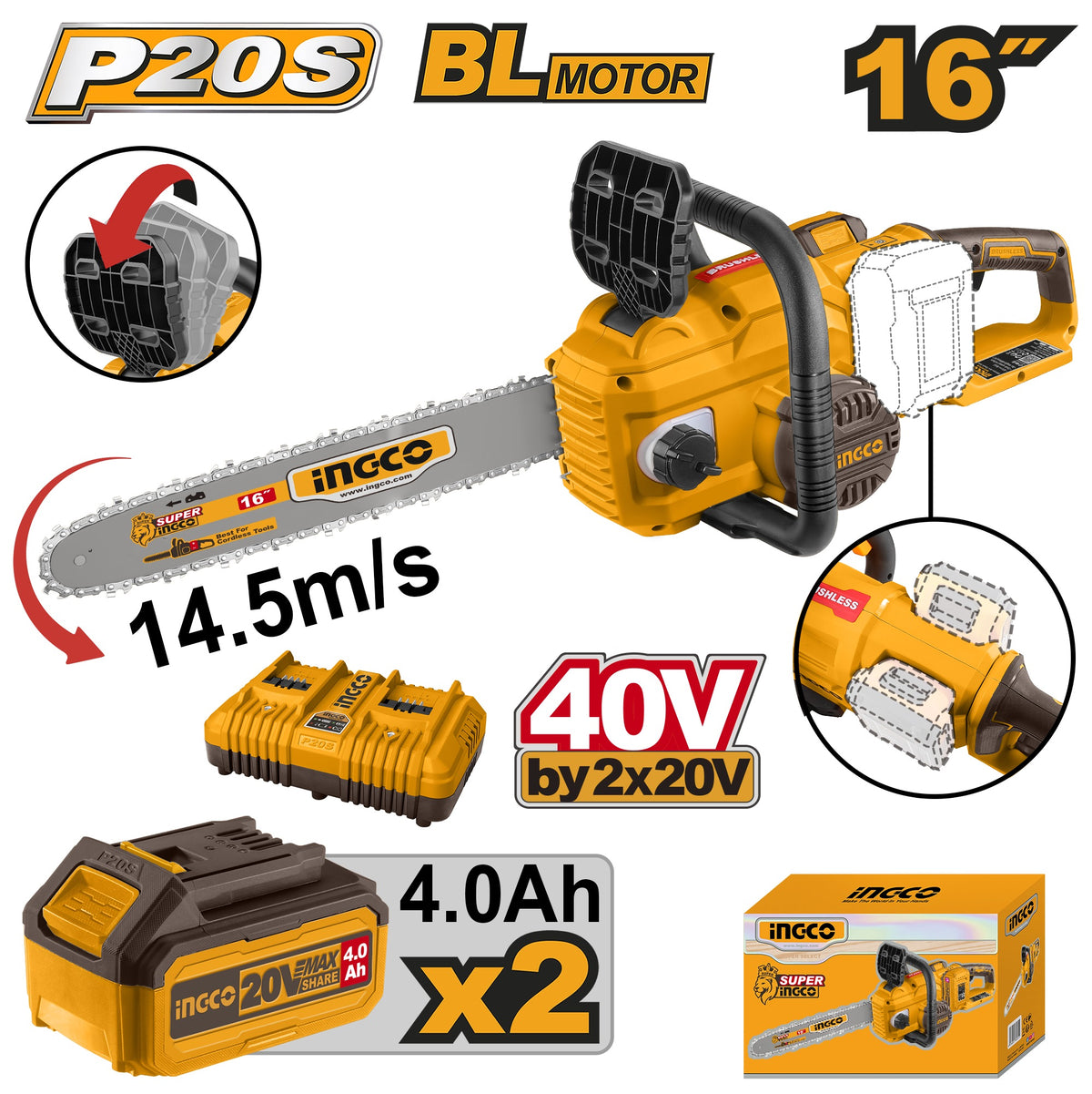 INGCO 40V(2X20VX4.0Ah) Brushless Chain Saw 16" 400mm+DUAL Port Charger CGSLI401682