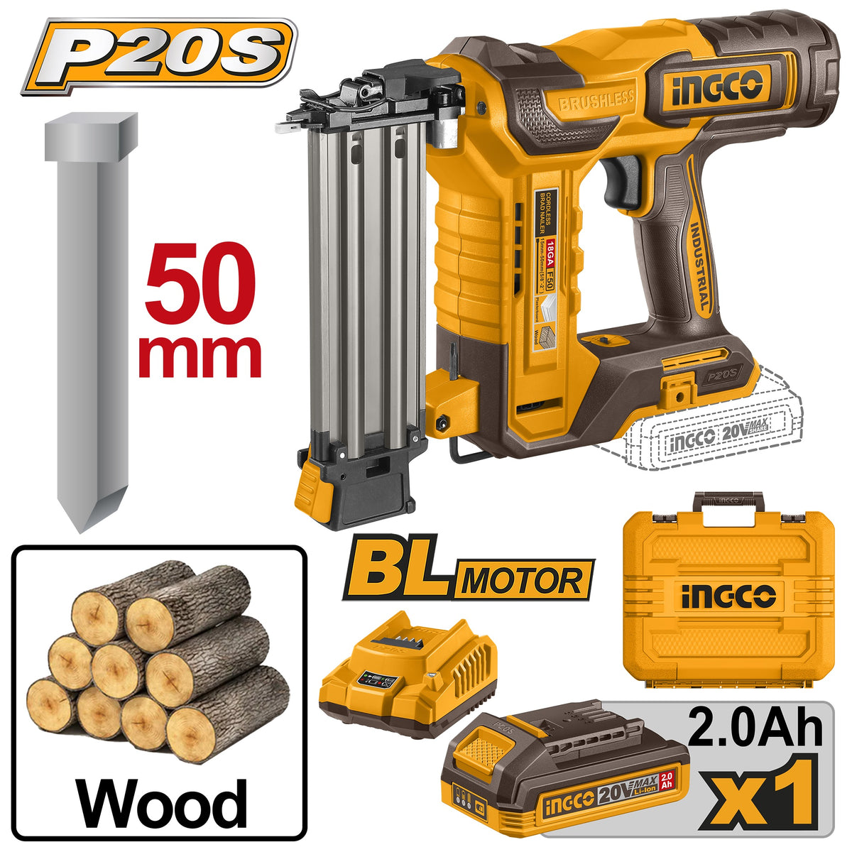INGCO 20V LI-ION BL Brad Nailer Size F15-F50 1X2.0Ah Charger+case CBNLI5008