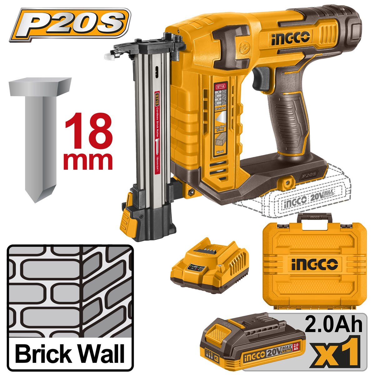 INGCO 20V 1X2.0Ah Concrete Brick Nailer ST18mm Nail CSTLI3808