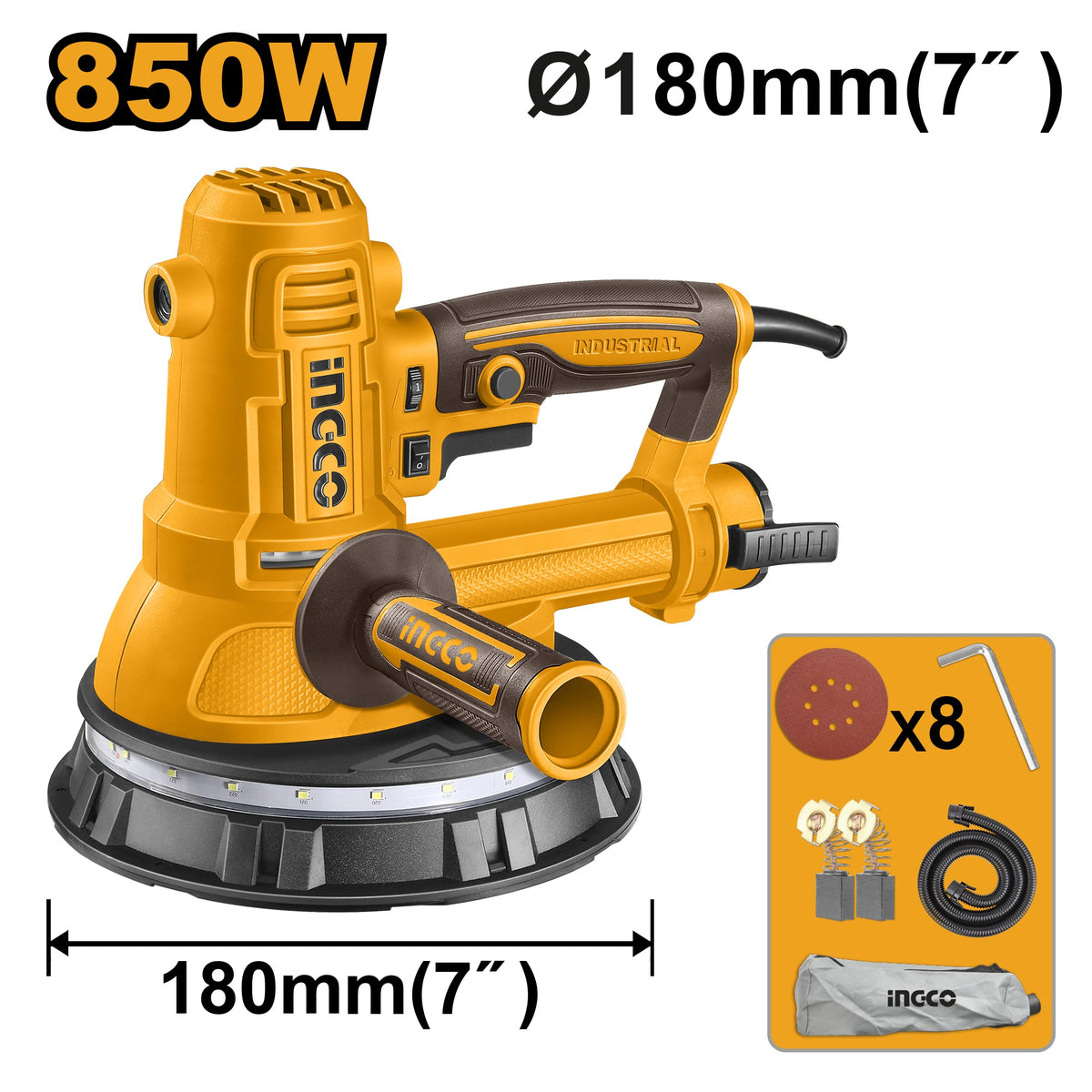 INGCO Electric Drywall Sander 850W W/8pc 7" Sanding Discs DWS10508