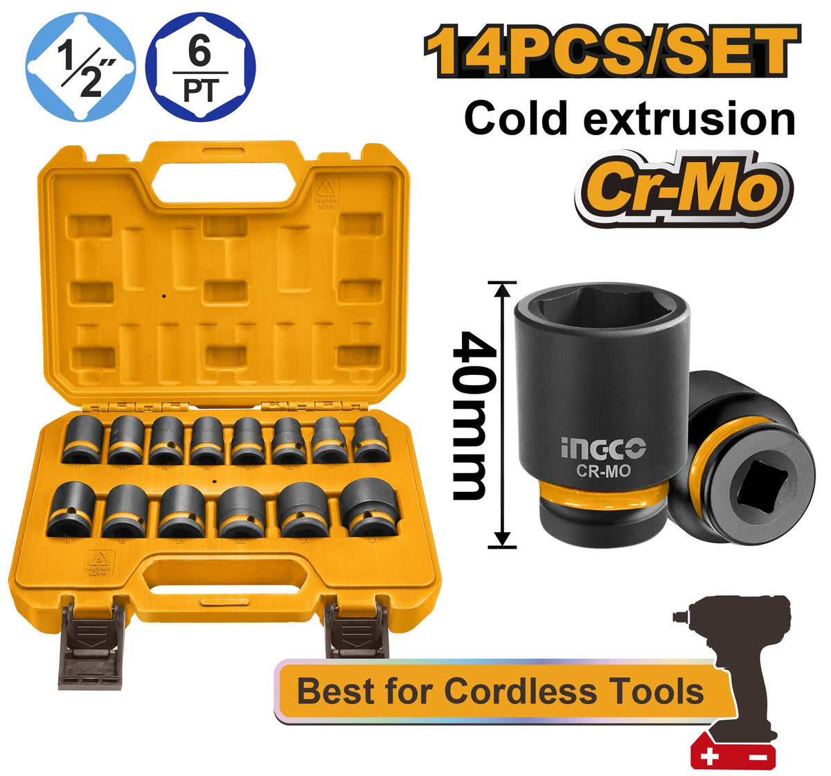 INGCO 14pcs 1/2" DR. CR-MO Standard Impact Socket set 10-27mm HKISSD12141