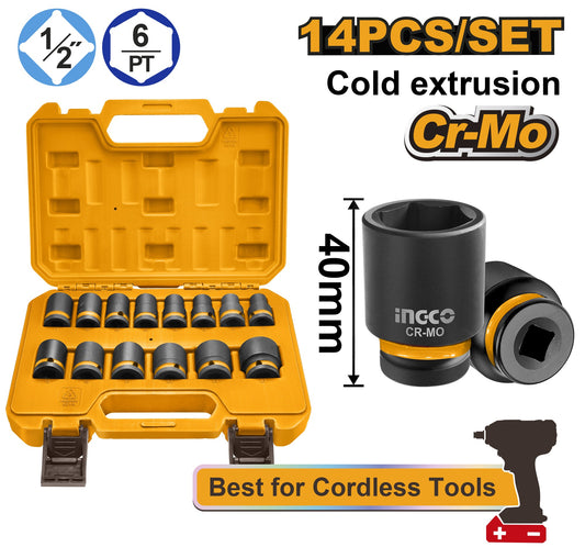 INGCO 14pcs 1/2" DR. CR-MO Standard Impact Socket set 10-27mm HKISSD12141