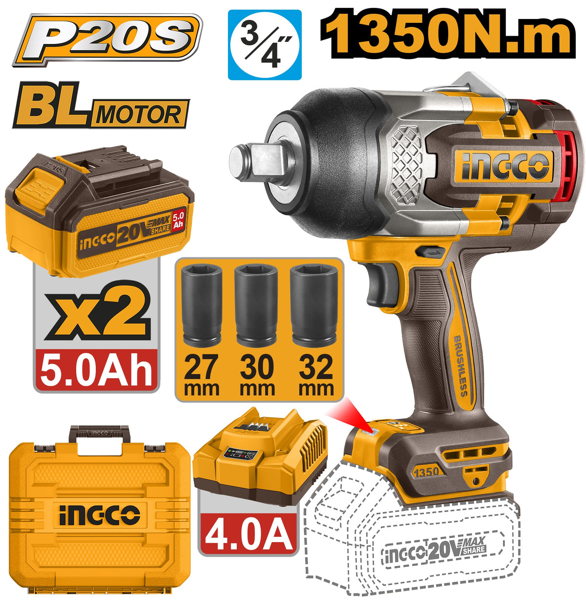 INGCO 20V BL 3/4" DR. Impact Wrench Max 1350Nm 2X5.0+CHRG+CASE CIWLI20135