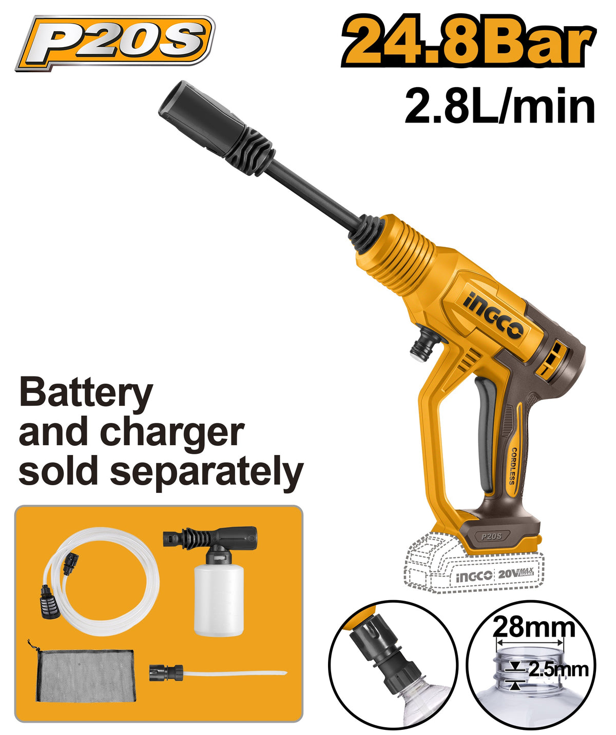 INGCO 20V LI-ION Pressure Washer 24.8BAR (Bare Unit) CPWLI2036