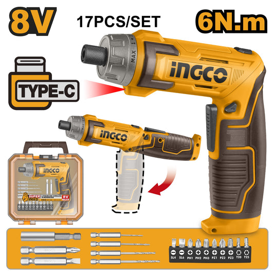 INGCO 8V 17pcs LI-ION Cordless Driver 6Nm (No USB Charger) CSDLI08025