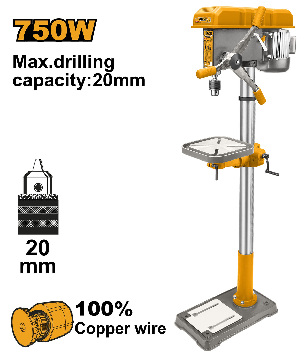 INGCO Bench Drill Machine 20mm Chuck 750W Motor 1600 Height DP207505