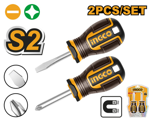 INGCO 2pcs Stubby Magnetic Tip Screwdriver set (-) & (+) 38mm HKSDS2228
