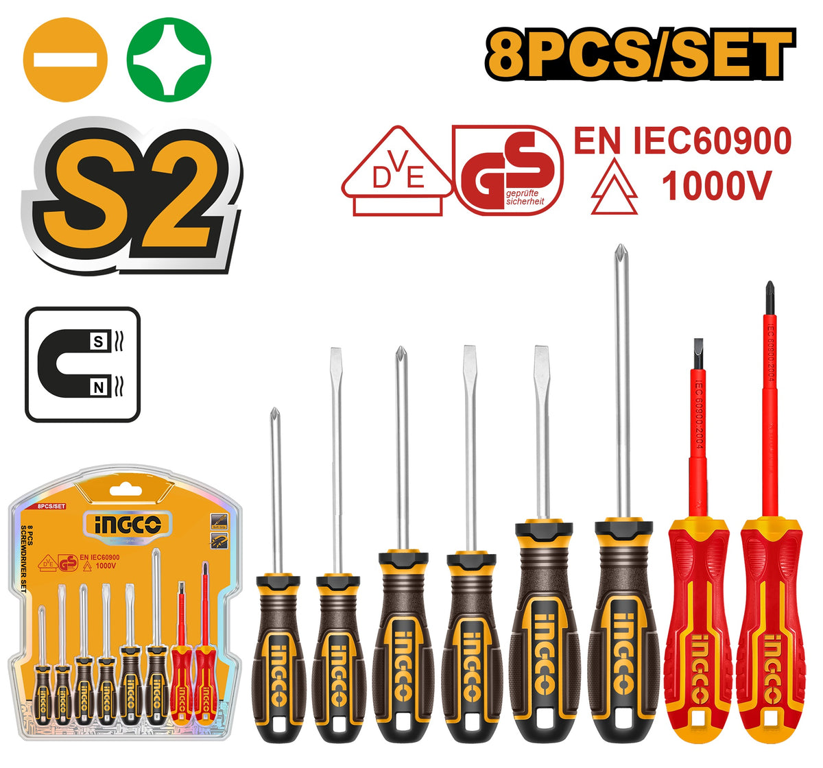INGCO 8pcs (6+2 Vde) Screwdriver set Magnetic Tip HKSDS0838
