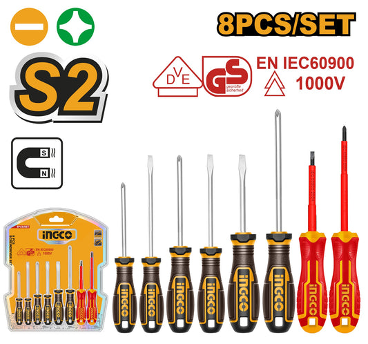 INGCO 8pcs (6+2 Vde) Screwdriver set Magnetic Tip HKSDS0838