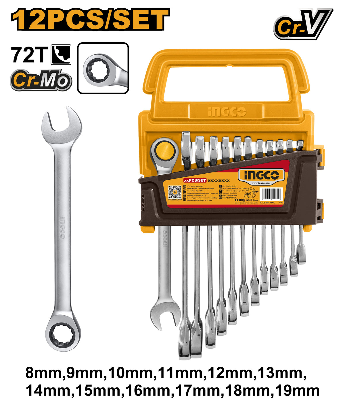INGCO 12pcs Ratchet Combi Spanner set 8~19mm HKSPAR1122