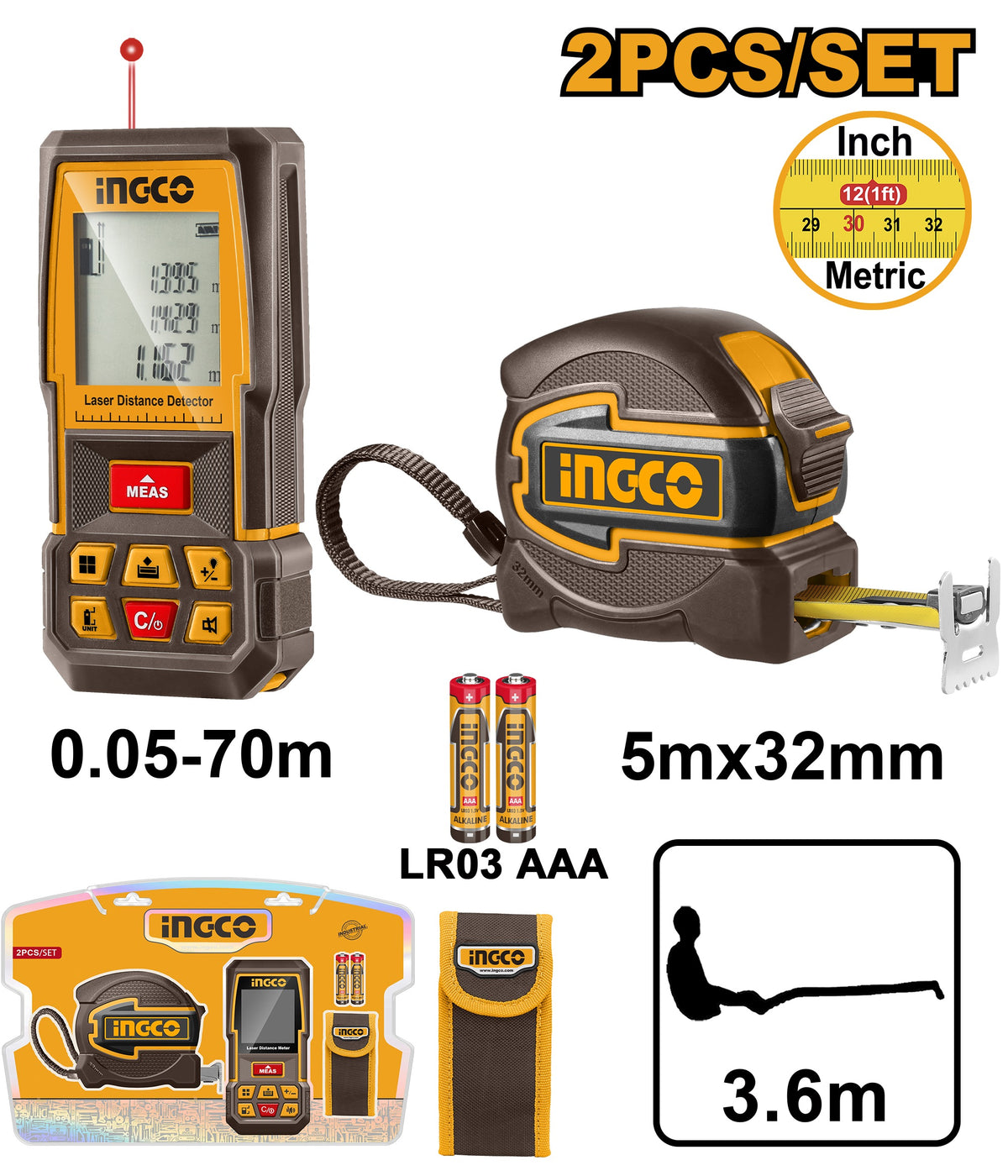 INGCO Laser Distancer Range 70m+5MX32mm Tape Combo Kit HLDD241201