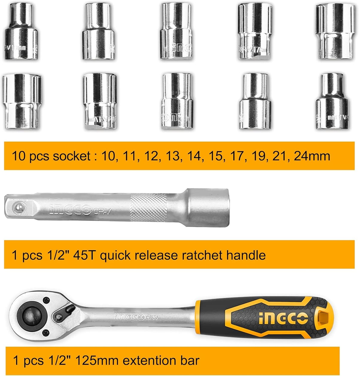 INGCO 12pcs 1/2DR Socket set 10-24mm HKTS12122 – view 4