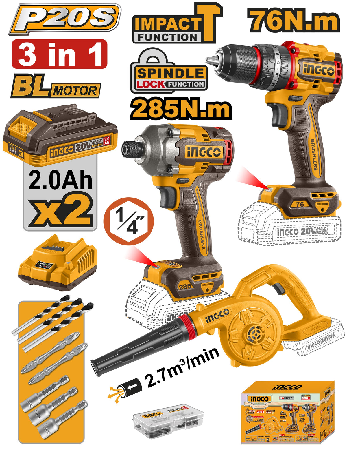 INGCO 20V 3pc Impact Drill;driver;blower Combo 2X2.0Ah+CHARGER COSLI250182