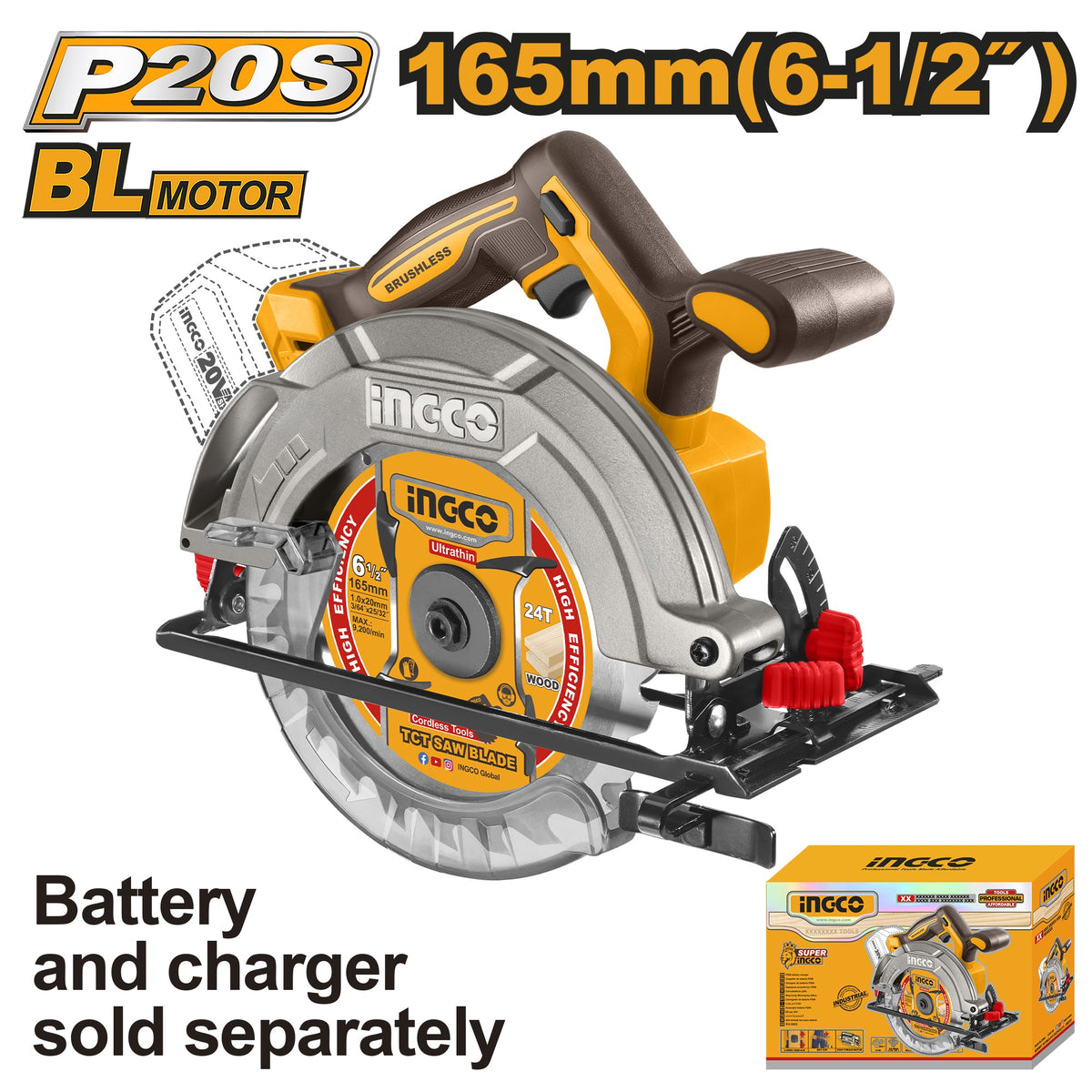 INGCO 20V LI-ION Circular Saw 165mm (Bare Unit) CSLI1652