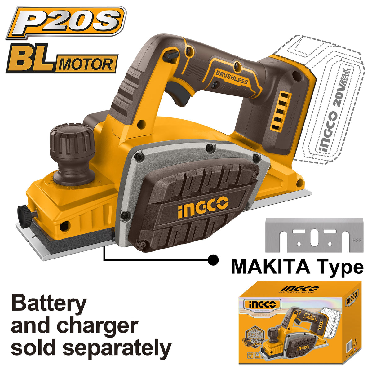 INGCO 20V Cordless Planer 82mm (Bare Unit) CRLI20401
