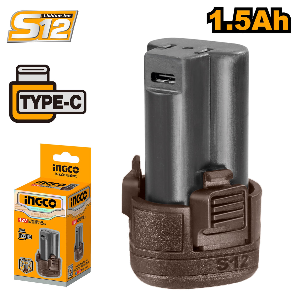 INGCO 12V LI-ION Battery 1.5Ah (USB Type-C) FBLI12153