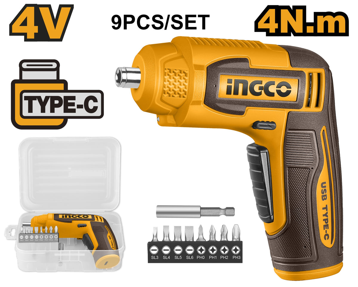 INGCO 4V LI-ION Cordless Screwdriver with 9 Bits set (No USB Charger) CSDLI0458