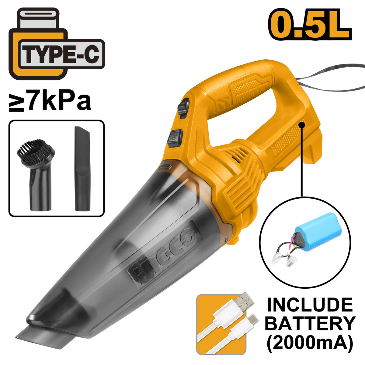 INGCO 12V Cordless Vacuum Cleaner Built-In Battery (/w USB Charger) CVLI2026