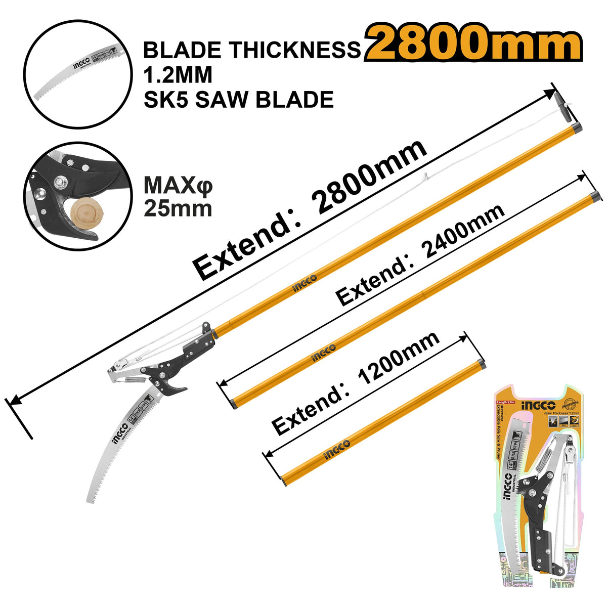 INGCO Extendable Pruning Cutter & Pole Saw Max. Height 2.80m HEPS25281