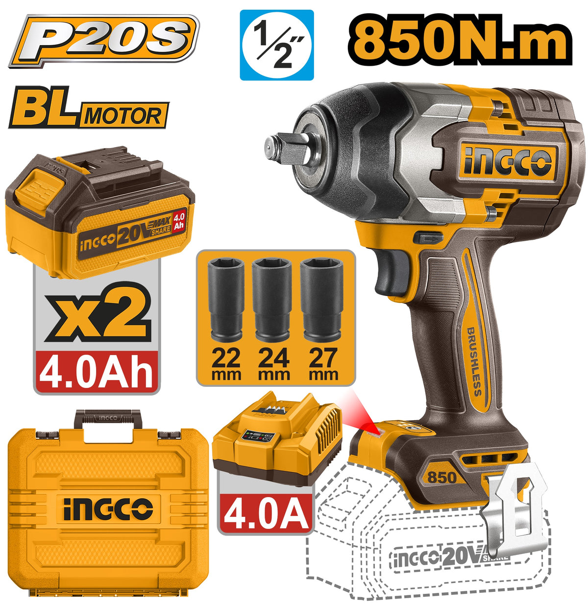 INGCO 20V 2X4.0Ah LI-ION Brushless 1/2" Impact Wrench 850Nm CIWLI2085