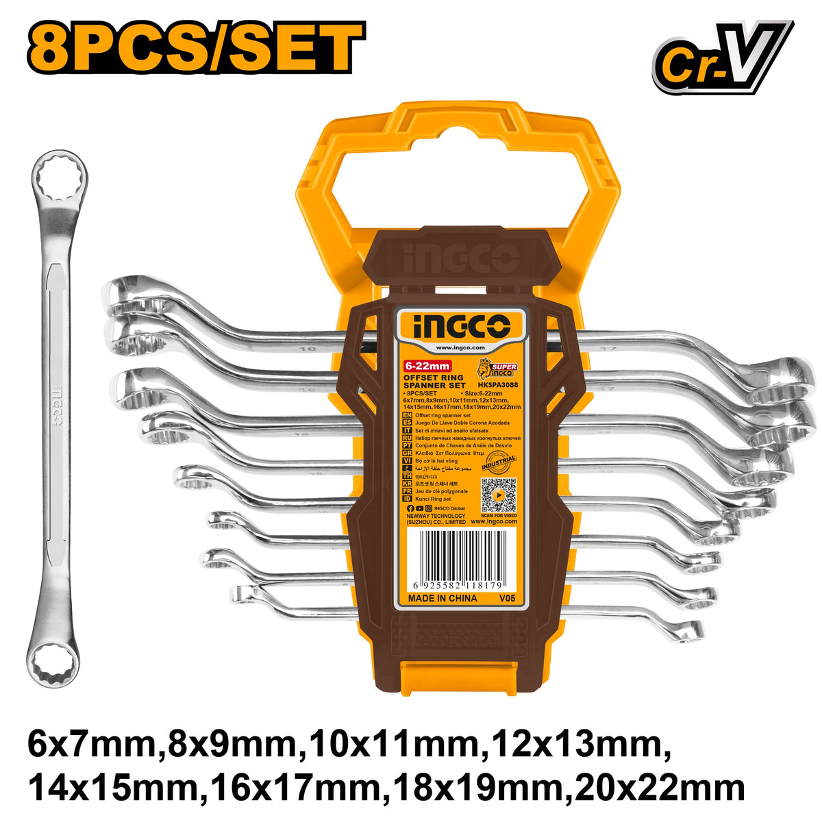 INGCO 8pcs Offset Ring Spanner set 6-22mm HKSPA3088