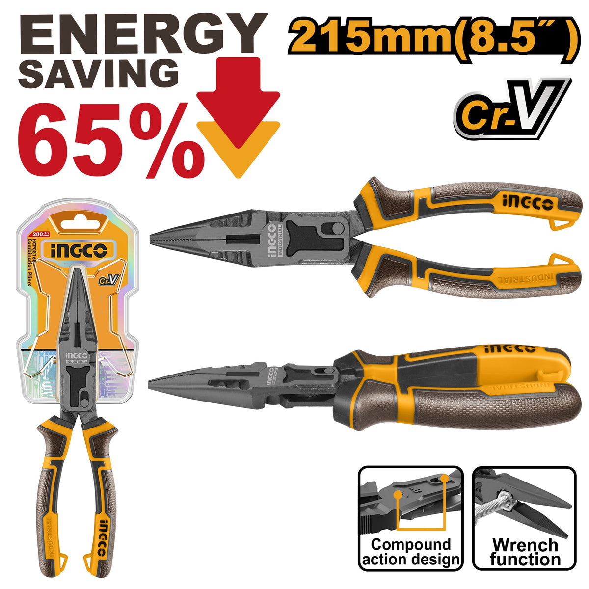 INGCO Compound Action Long Nose Plier 8.5" 215mm HCLNP58200