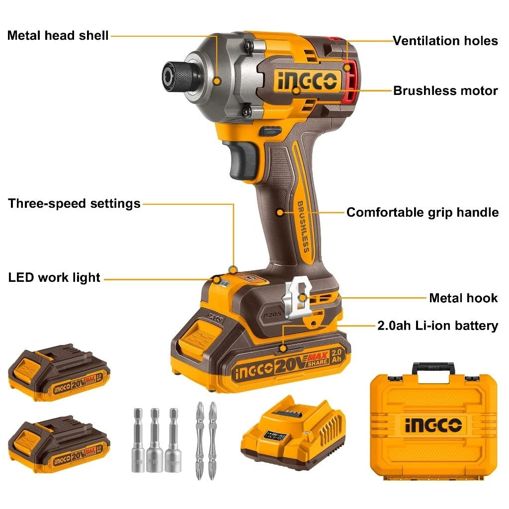 INGCO 20V Brushless Impact Driver 285Nm W/2 x 20V 2.0Ah & Charger CIRLI2028 – view 2